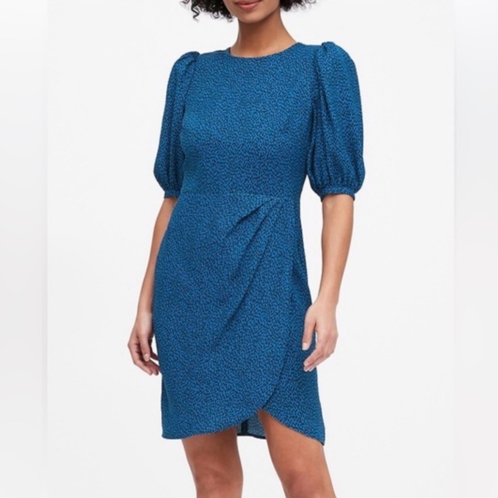 Banana Republic Blue & Black Printed Puff Sleeve Dress Size 0 Ruched Mini